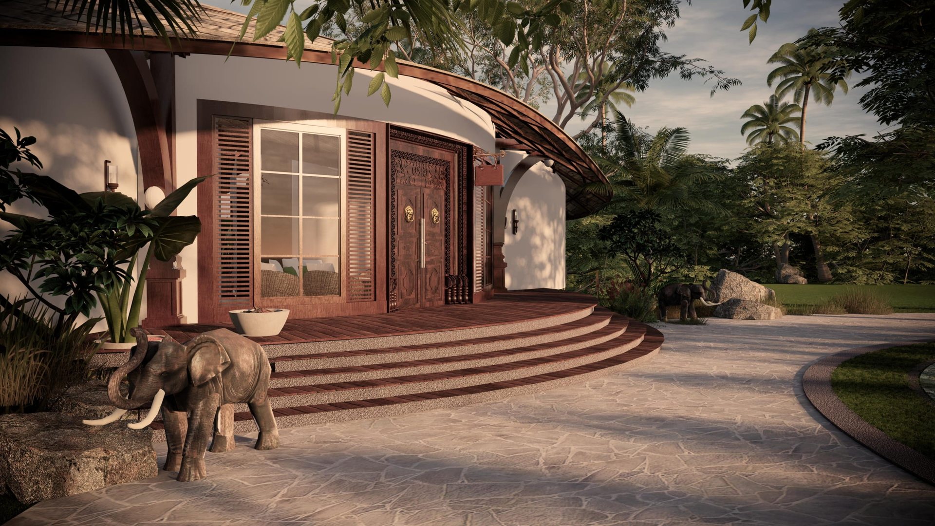 Balinese-inspired prefab villa entrance with carved timber doors at Igatpuri