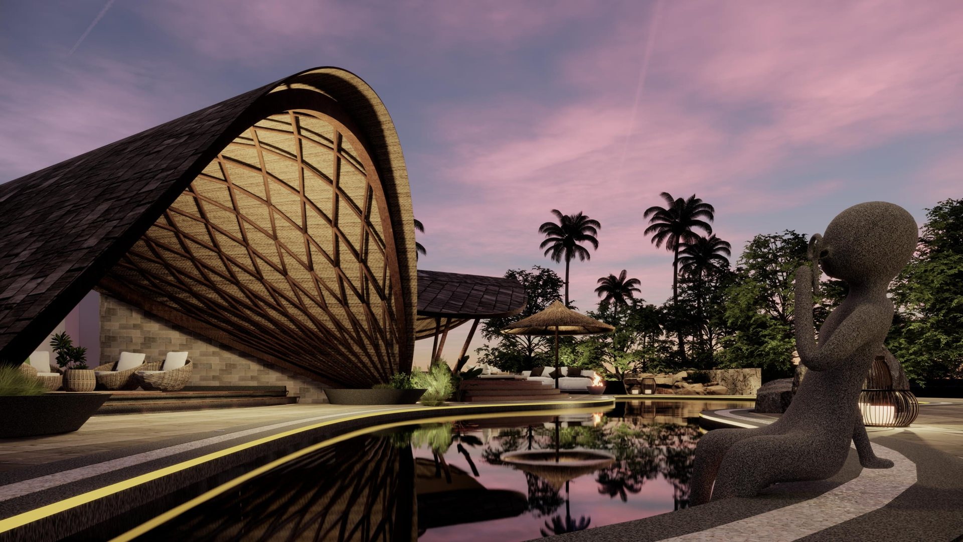 Curved timber pavilion and reflecting pool at a Mulberry prefab villa in Igatpuri at sunset