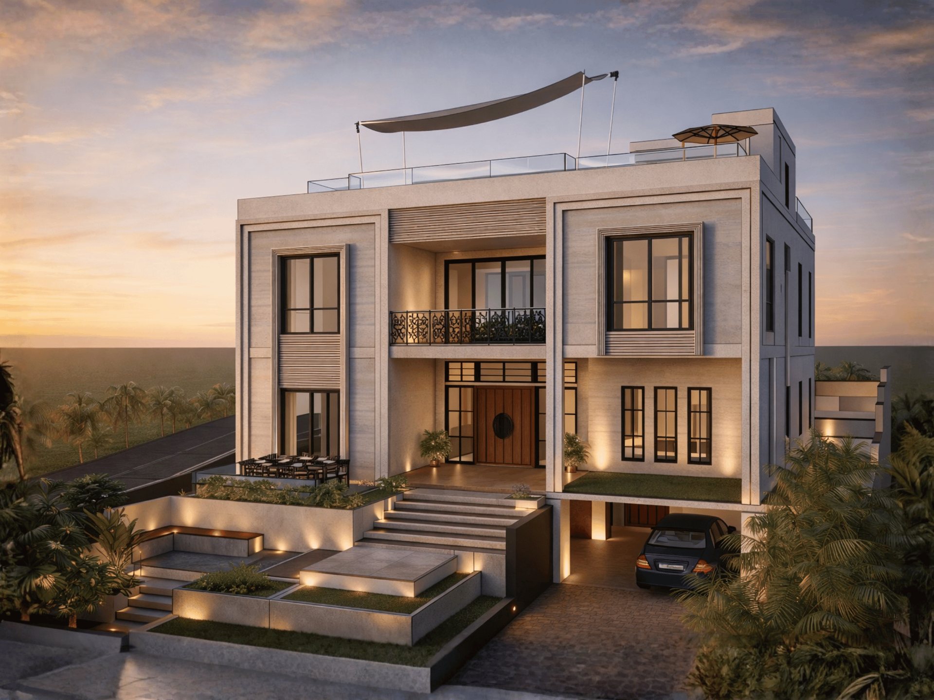 Contemporary Mulberry villa facade with lit entrance at sunset
