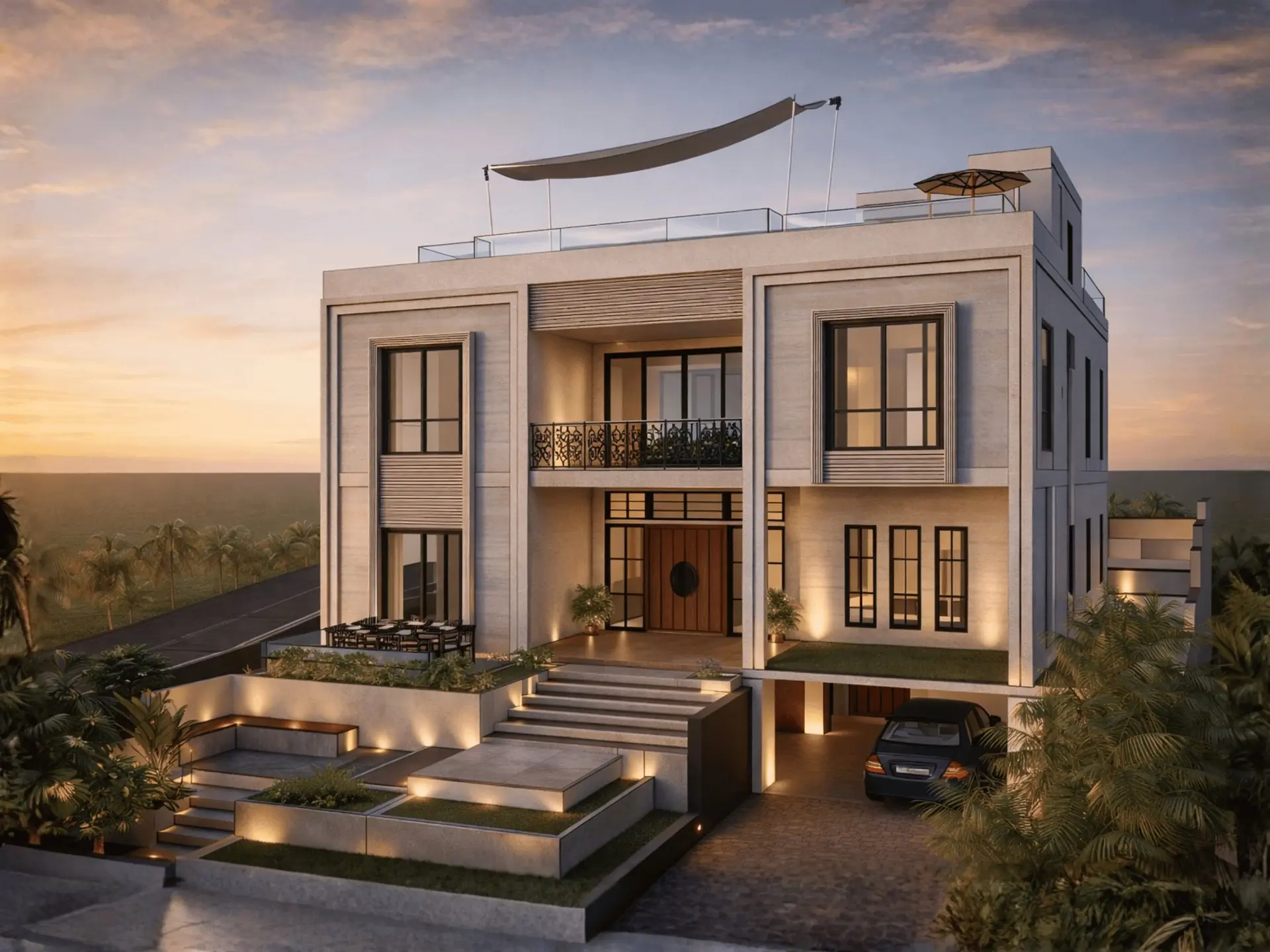 Contemporary Mulberry villa facade with lit entrance at sunset