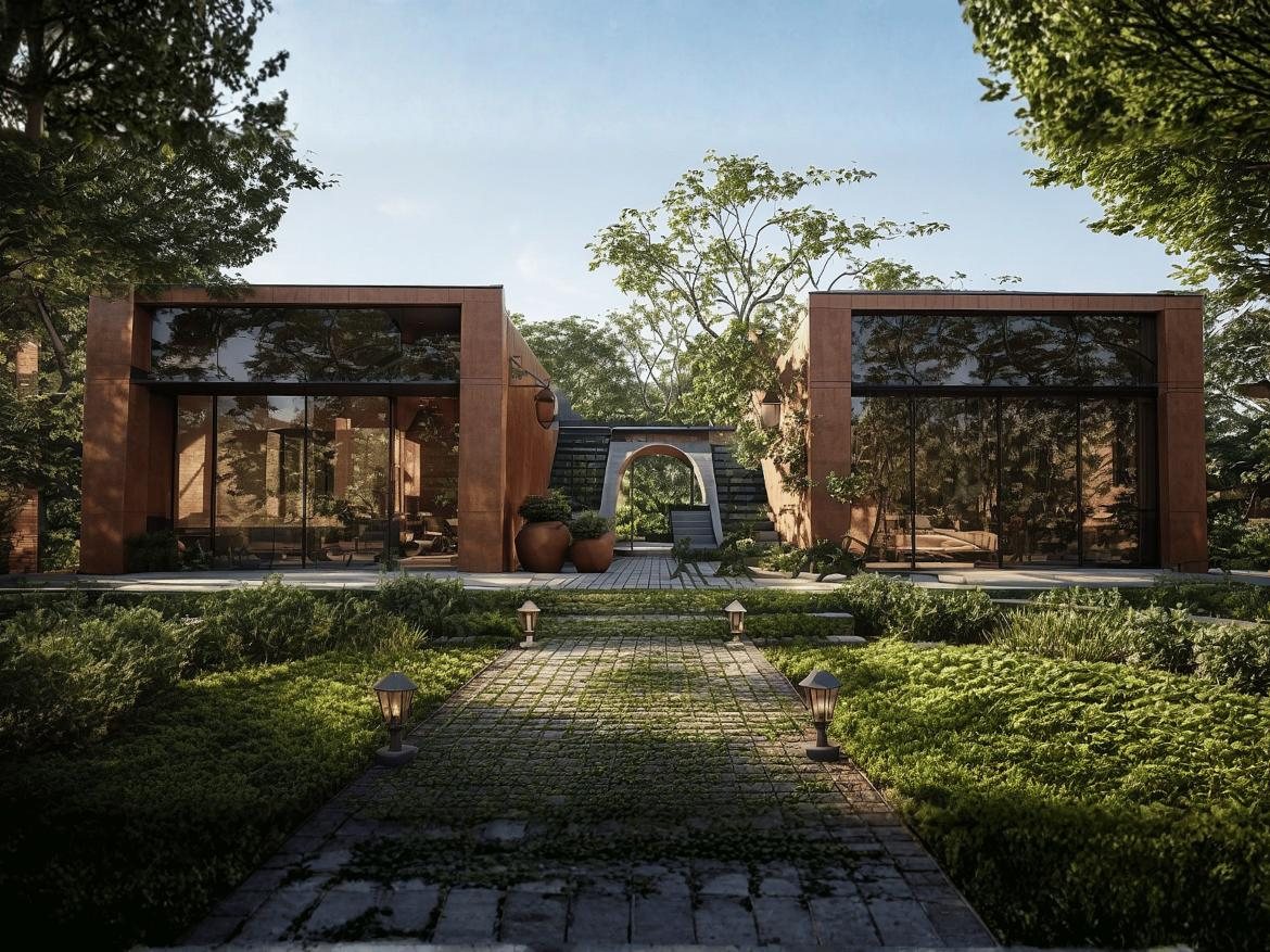 Twin garden pavilions framing a landscaped courtyard walkway