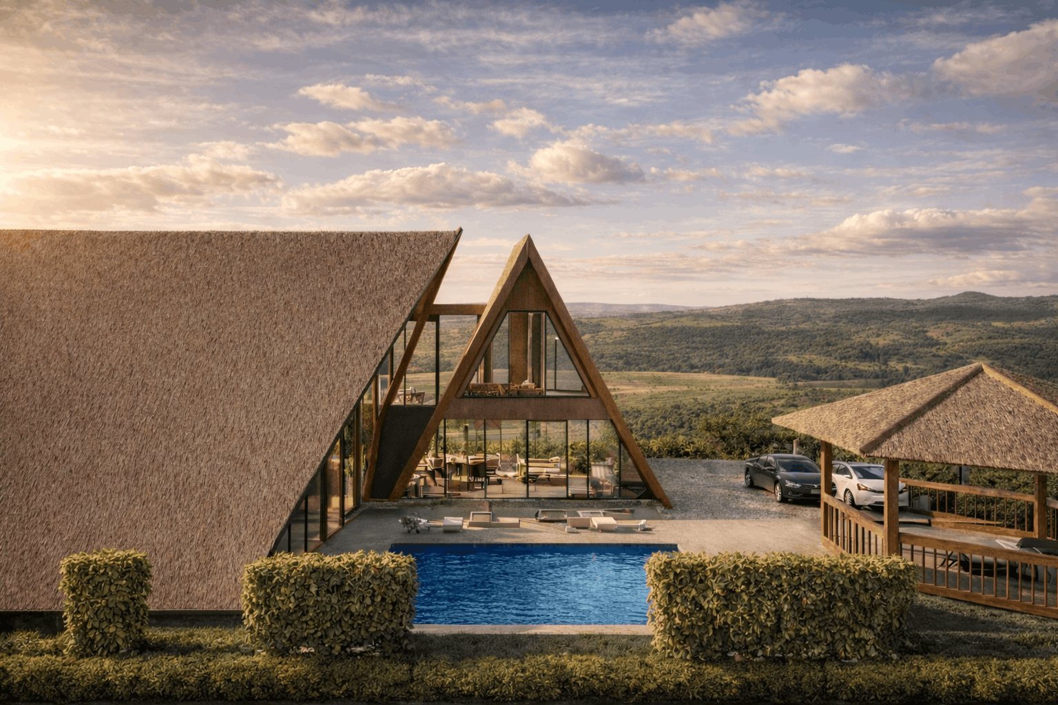Innovest Villa Earthen Haven with thatched gable roof, glazing and private pool