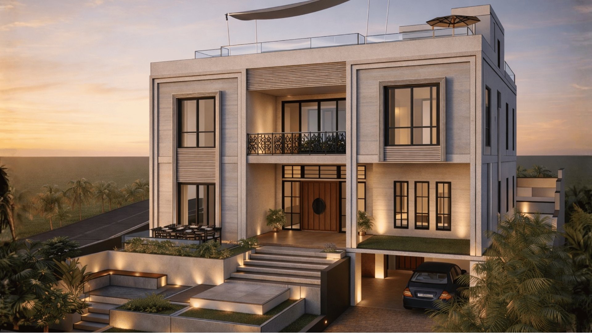 Contemporary Mulberry luxury villa exterior lit at sunset