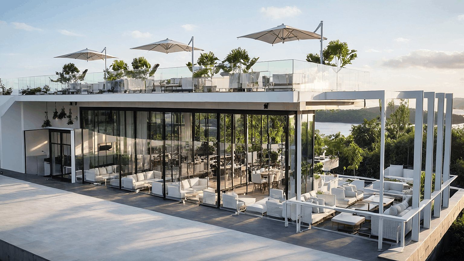 Pawna Restaurant with glass walls, rooftop seating and waterfront views