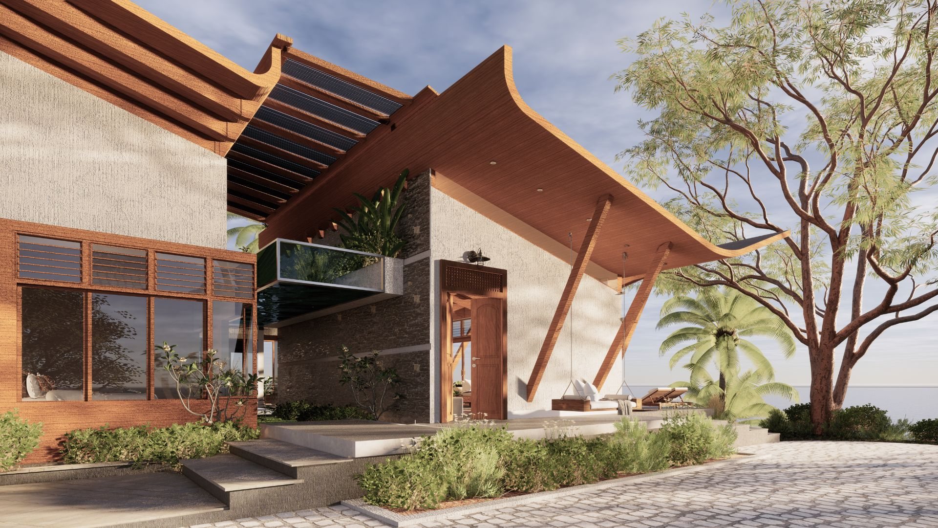 Curved timber roof and stone facade of a Mulberry prefab villa