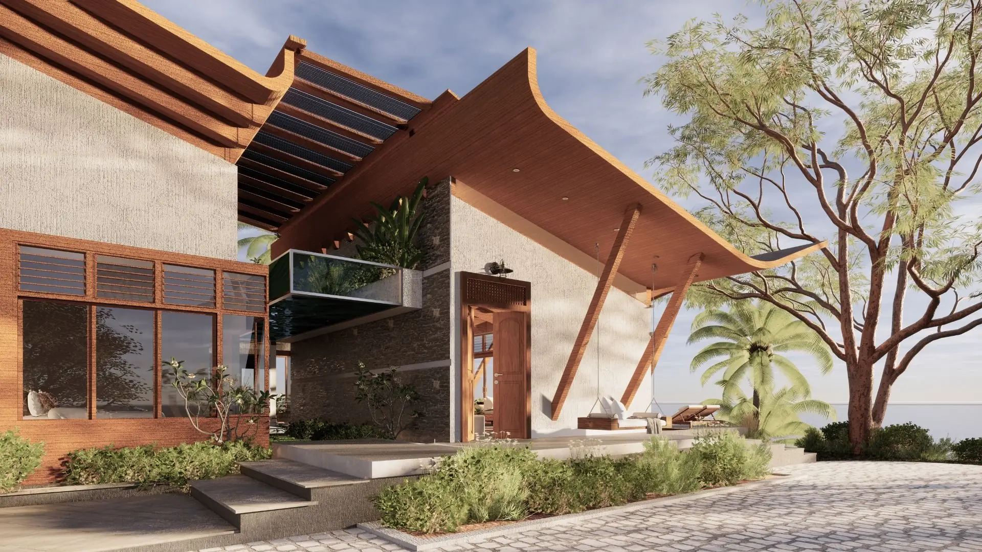 Curved timber roof and stone facade of a Mulberry prefab villa