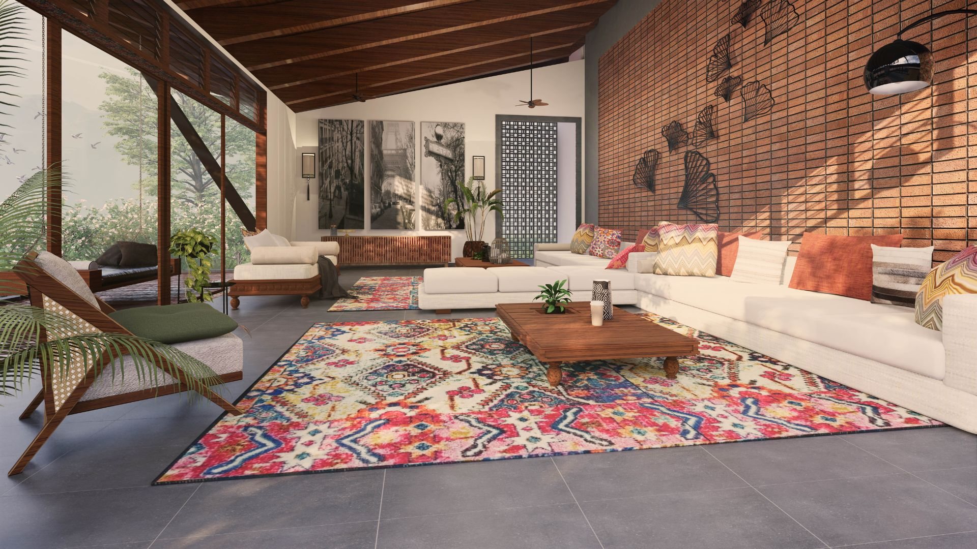 Open-plan villa living room with vaulted timber ceiling and brick screen wall