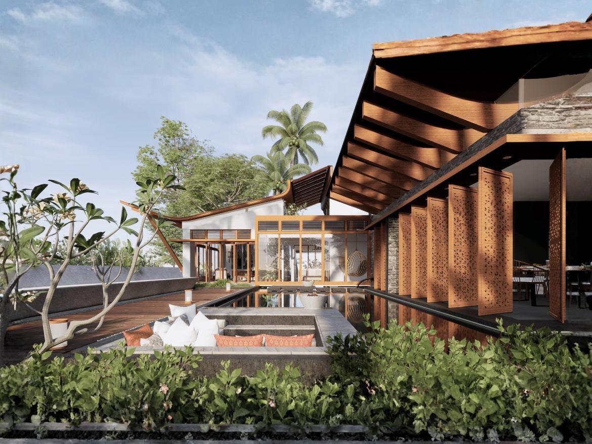 Villa pool courtyard with sunken seating and timber screen facade