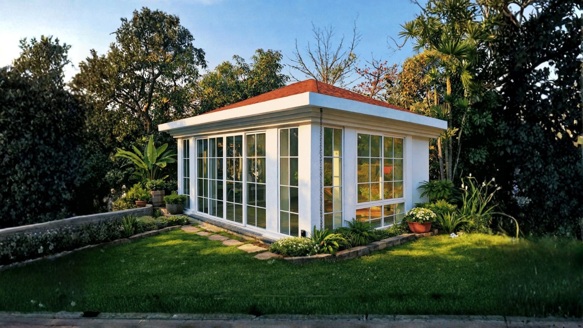 Red Carpet Pavilion, a glass-lined garden structure with terracotta roof