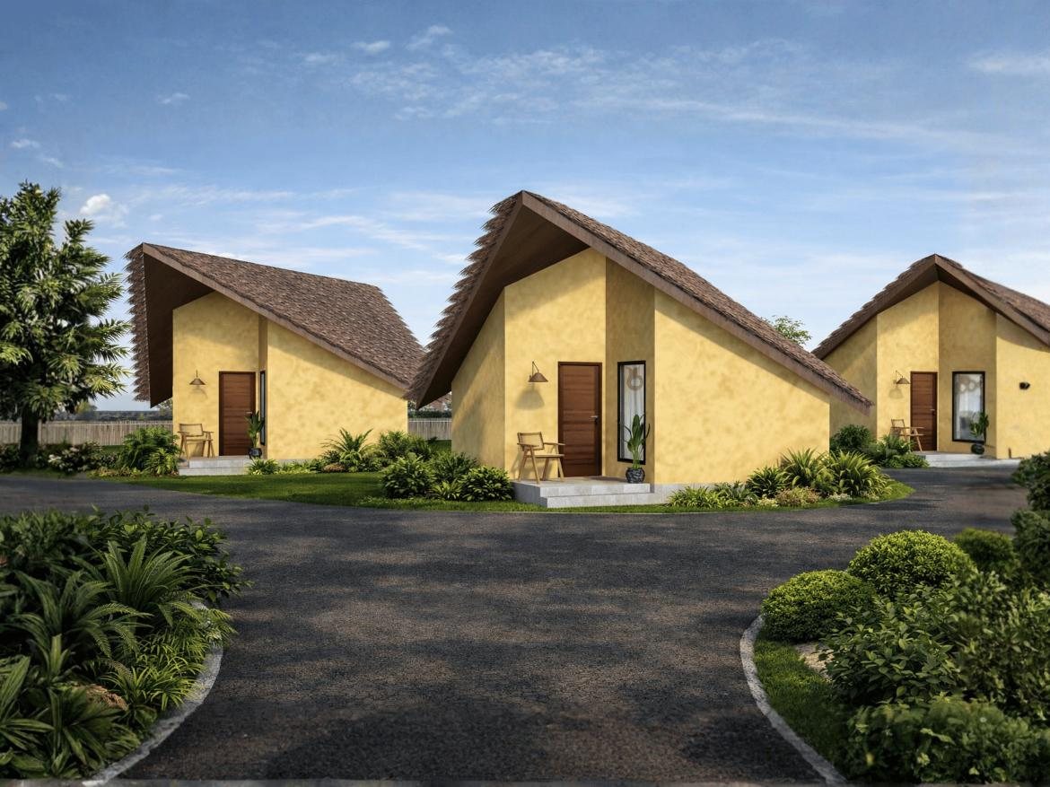 Cluster of thatched-roof resort cottages set around a landscaped drive