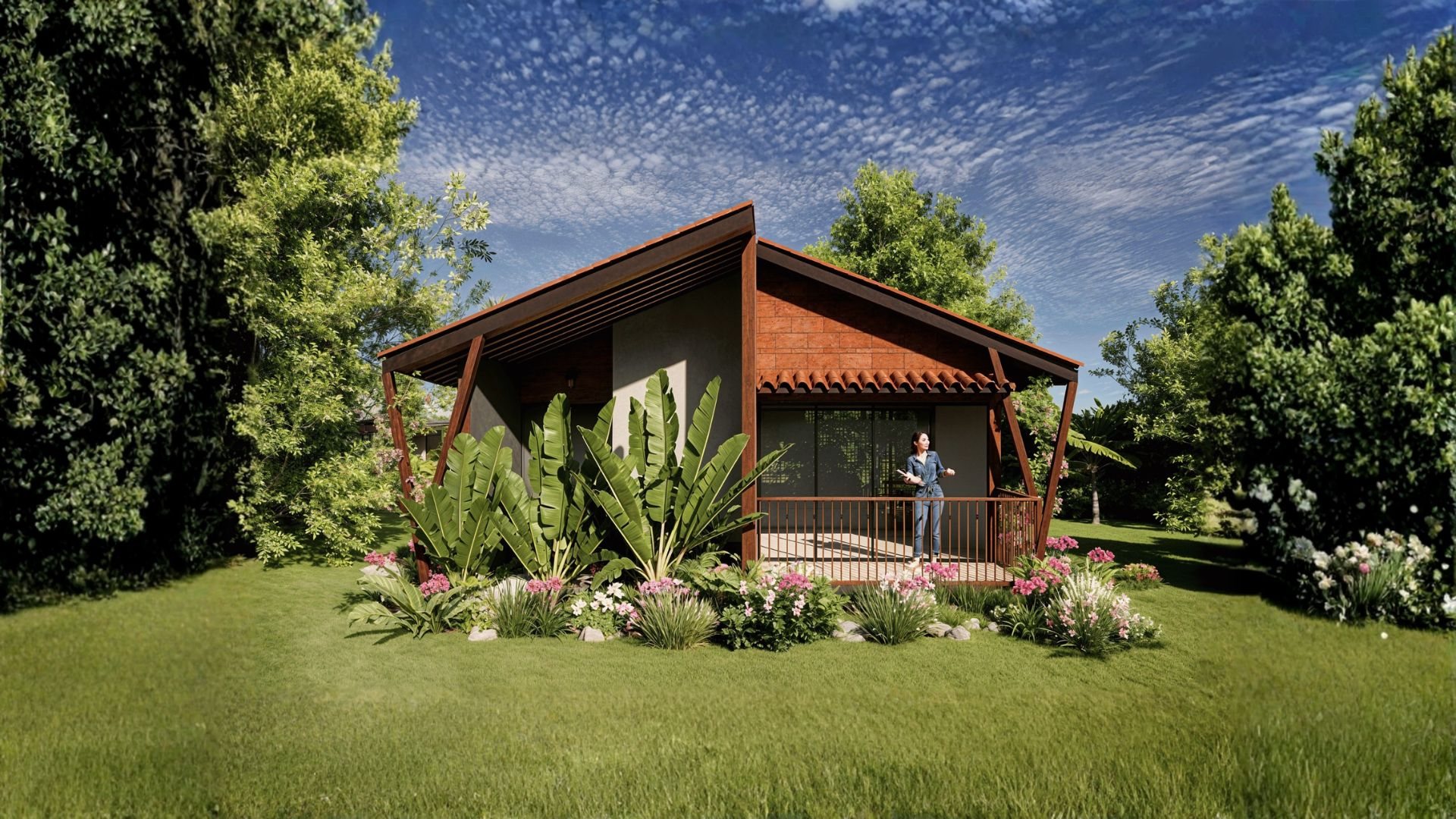Tattva compact tropical cottage with terracotta roof and planted deck