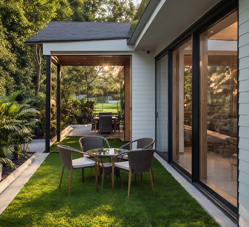 Garden courtyard with outdoor dining beside a villa glass facade