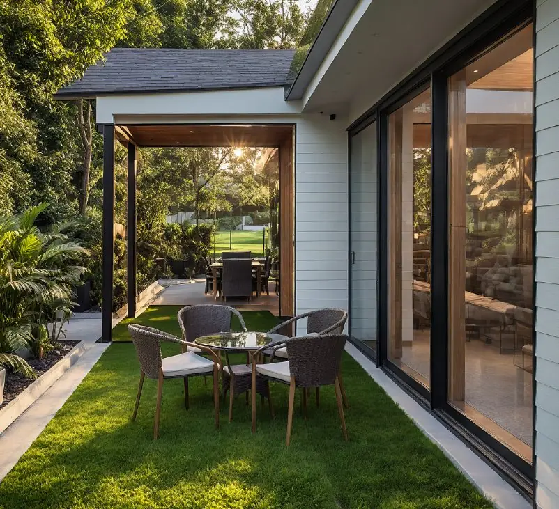 Garden courtyard with outdoor dining beside a villa glass facade