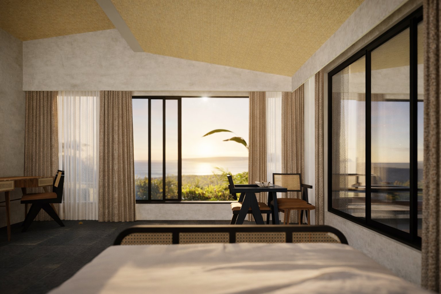Vantaalay cottage bedroom interior opening to a sunrise view over the treeline